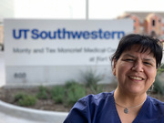 Irma Revilla, Allergy and Immunology, Monty and Tex Moncrief Medical Center at Fort Worth: “The sign of UT Southwestern is one of my favorite places, because I am so proud to be part of the UTSW family. I take great pride when I say I work here. I try to get all my uniforms embroidered with the UTSW logo because I wear it proudly!”