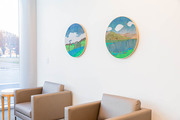 Zeke Williams, Jenny Lake Shore, Yellowstone and Antler Peak, Yellowstone, 2020, acrylic on wood, 24 inches diameter each<br />Location: Second floor Orange waiting area