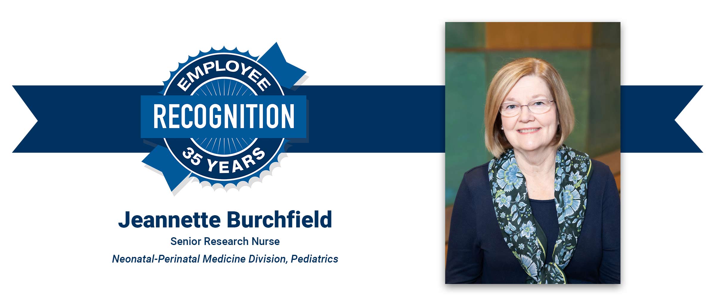 Employee Recognition 35 years badge, Jeanette Burchfield, photo of woman with short blond hair, glasses, blue jacket