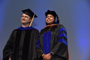 Dr. José Rizo-Rey (left), Professor of Biophysics, Biochemistry, and Pharmacology; and Dr. Sai Rashmi Voleti, who earned her doctorate in molecular biophysics