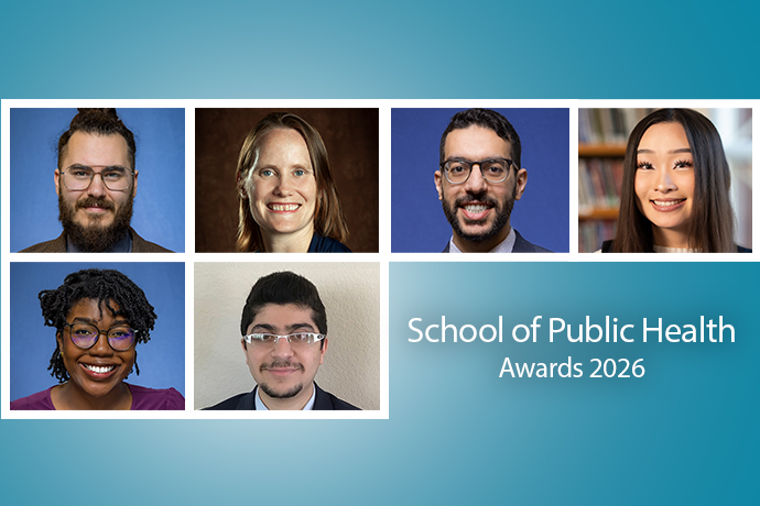 6 headshots of 3 men and 3 women next to text School of Public Health Awards 2026