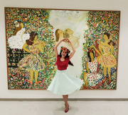 Macie Lieberman, Internal Medicine – Cardiology, poses in front of a painting on the second floor of the Hamon Biomedical Research Building. "In college I was known as the 'Biochemist Ballerina.' One day I got lost on the second floor of the NA Building and stumbled upon this masterpiece. I was immediately filled with joy and transported back to my time on stage. Every time I visit this special painting, my heart swells with peace, excitement, and hope," she said.