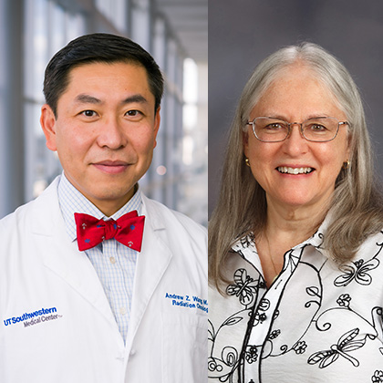 Dual image. Man with dark hair wearing a lab coat, left. Woman with long gray hair wearing a black-and-white blouse, right.