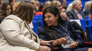 Institutional Service Award recipients Vanessa Rogers, M.D., (left) Professor of Obstetrics and Gynecology in the Division of Maternal-Fetal Medicine, and Rina Sanghavi, M.D., M.B.A., Professor of Pediatrics in the Division of Pediatric Gastroenterology, share a few smiles at the sixth annual Leaders in Clinical Excellence Awards ceremony. The Nov. 9 event celebrated clinical faculty and staff across UT Southwestern’s many sites of service for their exceptional contributions to the care of patients. Nine recipients won individual awards, and leaders representing two winning programs were also recognized for their teams’ innovation and impact. Dr. Rogers holds the Norman F. Gant, Jr., M.D. Chair in Obstetrics and Gynecology.