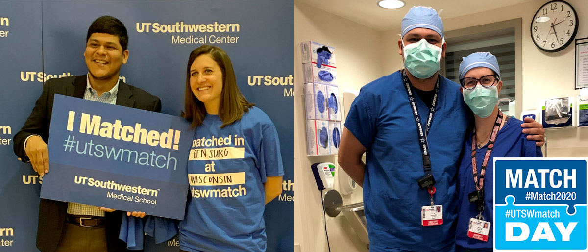 Man and woman standing with sign about match day, then standing side by side in scrubs and surgical masks