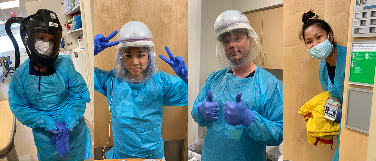 Four nurses wearing various PPE