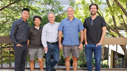Posing for a group photo at the reception are (from left) Jun Wu, Ph.D., Yi Liu, Ph.D., Michael Buszczak, Ph.D., Thomas Carroll, Ph.D., and Vincent Tagliabracci, Ph.D.