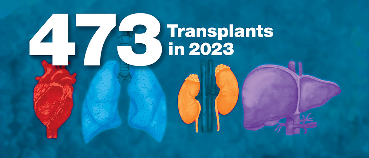 Color drawings of 4 human organs; red heart, blue lungs, yellow kidneys, and purple liver, on a blue background with copy: 473 Transplants in 2023.