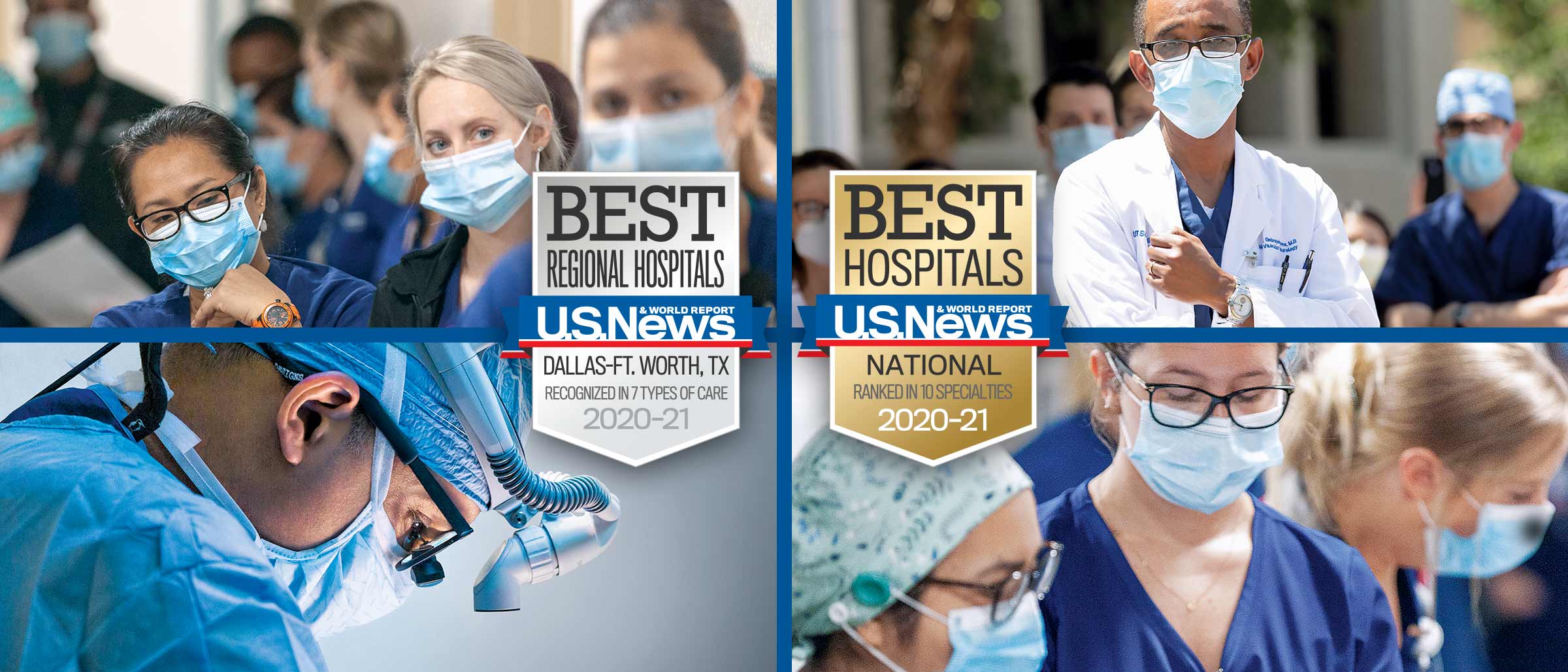 Collage of UTSW personnel at work and US News and World Report badge in the center