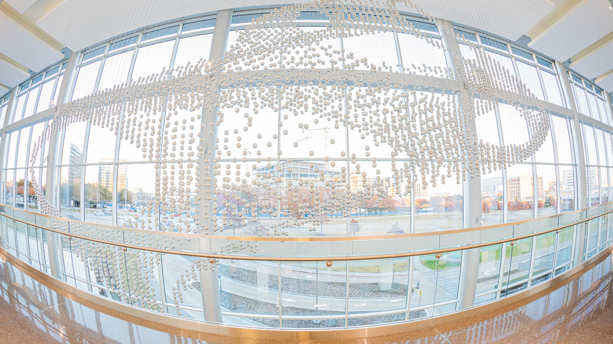 Hallway with hanging glass spheres