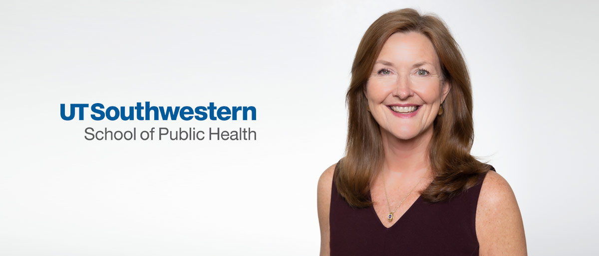 Woman in burgundy top with brown hair, next to UTSW School of Public Health logo