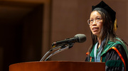 Hannah Chang, M.D., recipient of the 2026 Ho Din Award, delivers heartfelt remarks as she reflects on the journey that brought her to achievement of the Medical School’s top honor.