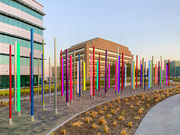 The work is comprised of 80 tree-like poles, spanning 1,500 square feet of the fourth-floor rooftop garden at West Campus Building 3.