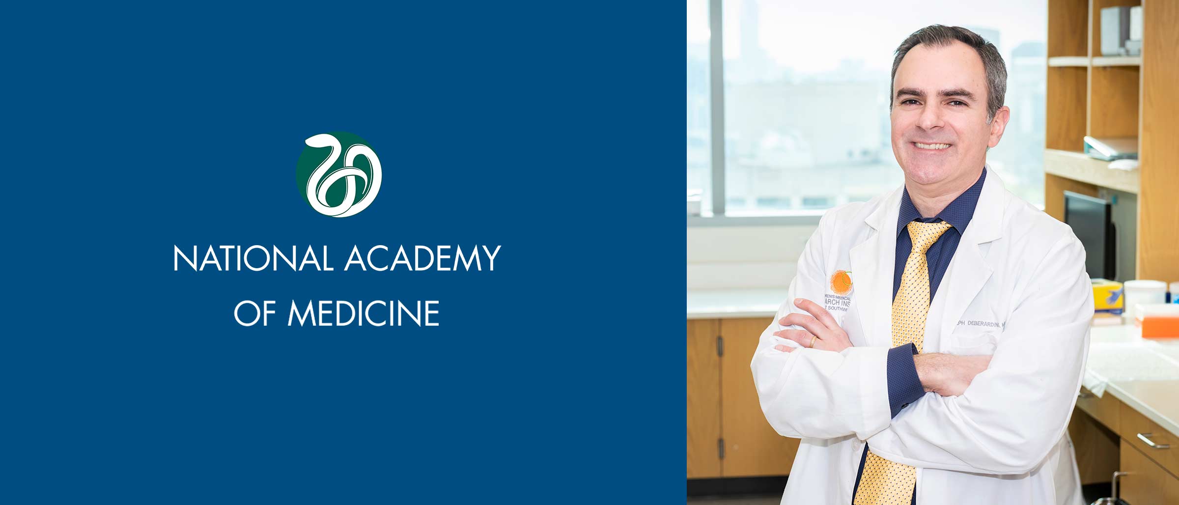 Man in lab coat next to National Academy of Medicine Logo