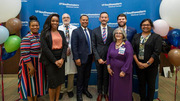 Pride Signature Event: Organizers of the event gather for a group photo after the event. From left: Charlondra Thompson, Keneshia Colwell, Dr. Blackburn, Dr. Nivet, Dr. Almandoz, Kim Marchand, Jacob Hopgood, and Sharbari Dey, Ph.D.