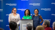 Honorees and IF/THEN Ambassadors (from left) Danielle Robertson, O.D., Ph.D., Associate Professor of Ophthalmology; Dr. Mirpuri; and Nina Sanford, M.D., Assistant Professor of Radiation Oncology, welcome guests to the event.