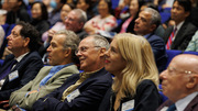 Listening intently in the audience are symposium speakers (from left) Kevan M. Shokat, Ph.D., Dr. Garcia, Hans Clevers, M.D., Ph.D., and Leslie B. Vosshall, Ph.D., with event honoree Dr. Goldstein.
