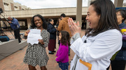 Melanie Sulistio. M.D., celebrates Louise Atadja’s match to Yale.