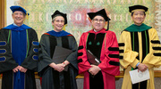 The Platform Party includes (from left) Andrew Zinn, M.D., Ph.D., Dean of the Graduate School; Joan Conway, Ph.D., Vice Provost and Dean of Basic Research; Daniel K. Podolsky, M.D., President of UT Southwestern; and W. P. Andrew Lee, M.D., Executive Vice President for Academic Affairs, Provost, and Dean of UT Southwestern Medical School.