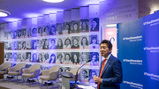 W. P. Andrew Lee, M.D., EVP for Academic Affairs, Provost, and Dean of UT Southwestern Medical School, welcomes guests to a reception unveiling the Celebrating Breakthroughs Together display.