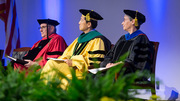 UTSW leaders attending the auspicious occasion included (from left) Dr. Podolsky, UTSW President; W. P. Andrew Lee., M.D., EVP for Academic Affairs and Provost, and Dean of UT Southwestern Medical School; and Joan Conaway, Ph.D., Vice Provost and Dean of Basic Research.