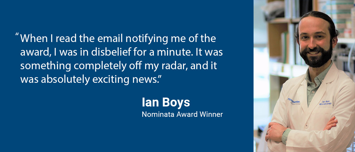 Ian Boys, Nominata Award Winner, and photo of bearded man in white lab coat