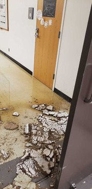 Crews also worked tirelessly to clean damage like this left behind in the Touchstone Diabetes Center and the L Building due to flooding from burst pipes.