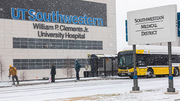 DART buses were running outside William P. Clements Jr. University Hospital as essential workers reported for their shifts.