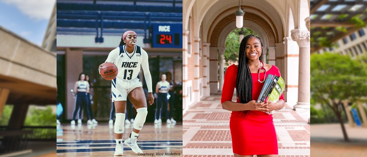 Two photos, one of a woman playing basketball, the other she is holding books and a stethoscope and wearing a red dress