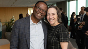 Samuel Achilefu, Ph.D., Chair of Biomedical Engineering, poses for a photo with Catherine Spong, M.D., Chair of Obstetrics and Gynecology, at a reception honoring her election announced in October to the prestigious National Academy of Medicine. Dr. Spong was recognized for her many contributions to the field of maternal-fetal medicine and leadership in women’s health research. Dr. Achilefu holds the Lyda Hill Distinguished University Chair in Biomedical Engineering. Dr. Spong holds the Paul C. MacDonald Distinguished Chair in Obstetrics and Gynecology.