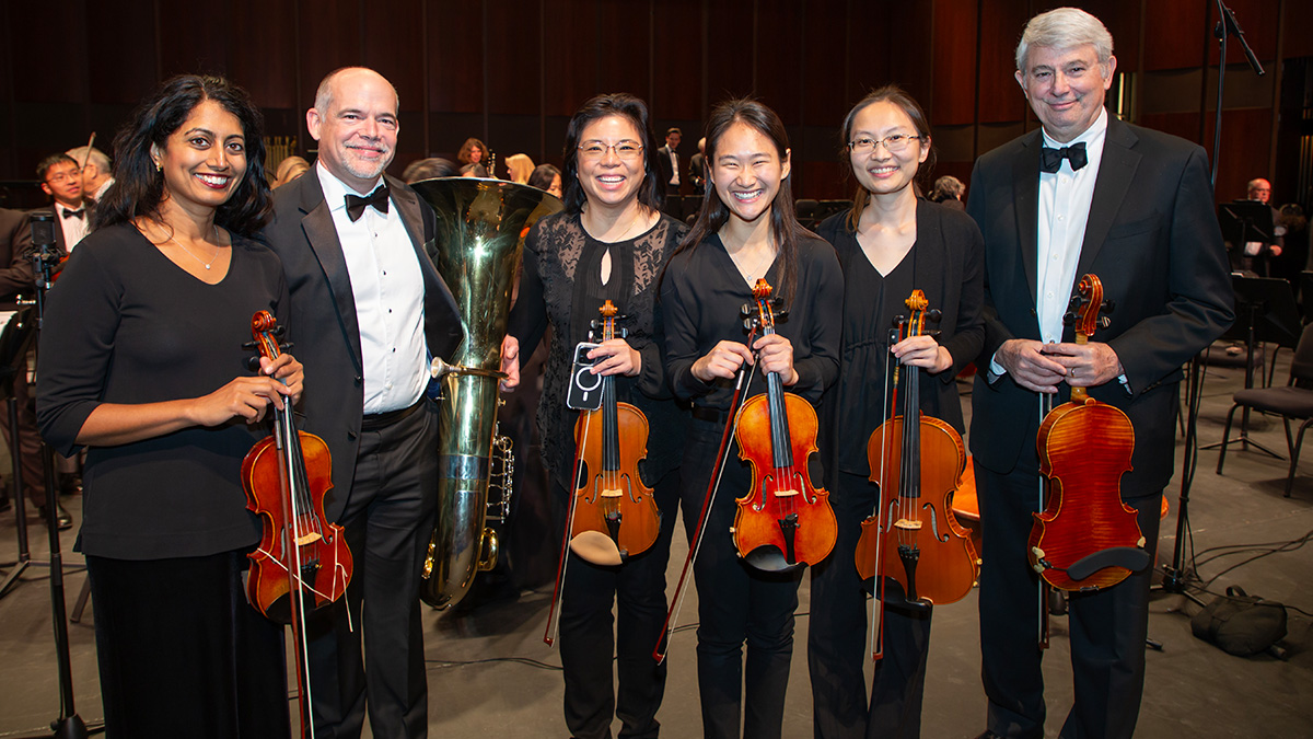 UTSW community members who performed as part of the World Doctors Orchestra at the local concerts included, from left: Lakshmi Ananthakrishnan, M.D.; Walter Kutz, M.D.; Sing-Yi Feng, M.D.; medical student Angela Wang; Shan Su, M.D.; and Raymond Quigley, M.D. Credit: Fernando Benitez, M.D.