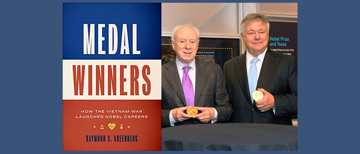 Photo of two men next to cover of book titled Medal Winners