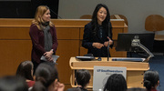 WISMAC co-Chair Ondine Cleaver, Ph.D., Professor of Molecular Biology (left), and STARS Director Lynn Tam, Ed.D., welcome attendees to the event aimed at inspiring student interest in biomedical careers.
