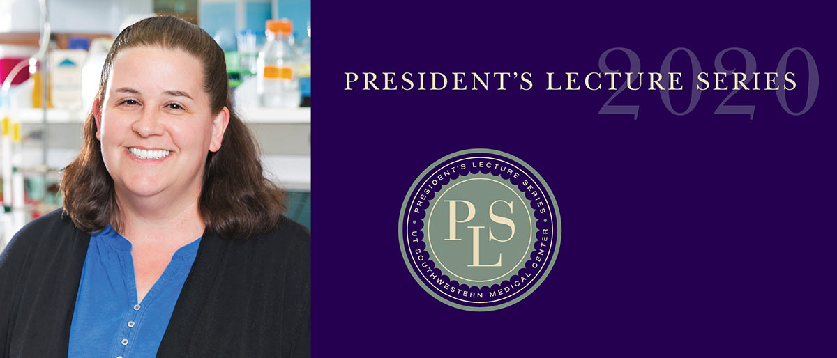Woman with shoulder-length brown hair, black sweater in a lab, next to President's Lecture Series and seal
