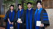 From left: Biomedical Engineering graduates Maggie Wang, Ph.D., Hui-Ju Wang, Ph.D., Amogh Vaidya, Ph.D., and Yehui Sun, Ph.D., mark their achievement with a group photo.