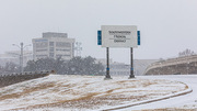 Entrance to the Southwestern Medical District became a winter wonderland on Thursday, Feb. 3, as the winter storm blew through North Texas.