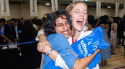 Rohini Kallianpur, left, gets a big hug from Deborah Freeland, M.D., Assistant Professor of Internal Medicine.