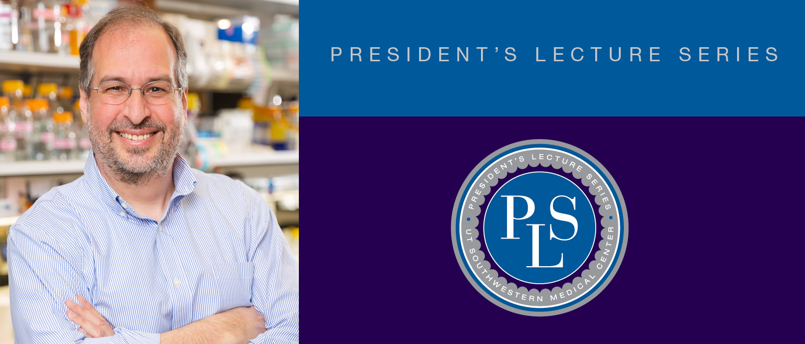 man in glasses, collared shirt, with PLS seal and president's lecture series title