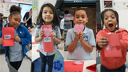 4 photos side-by-side, each of a young child holding up the Valentine cards they created.