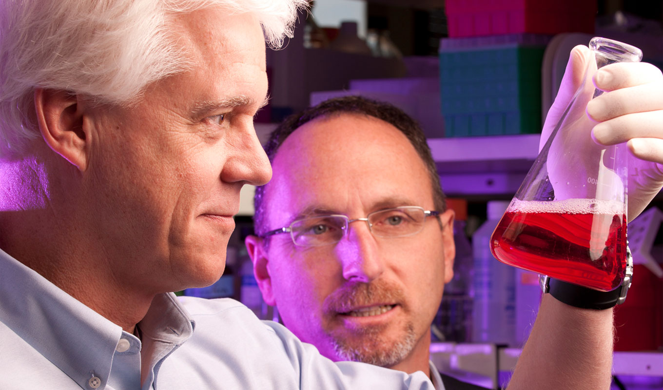 Two males view beaker containing red liquid