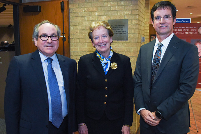 President Dr. Daniel K. Podolsky, Dr. Julie Freischlag, and Dr. Jeffrey Cadeddu at the Watson Award event