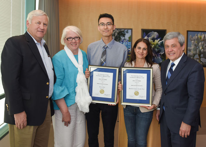 Bo Li, Maralice Conacci-Sorrell, and Carlos Arteaga, Director of the Harold C. Simmons Comprehensive Cancer Center.