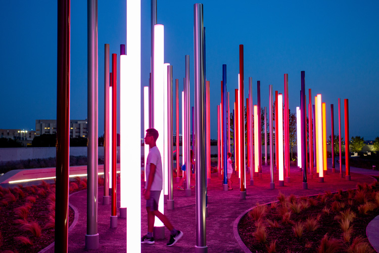 Visitors viewing sculpture at night