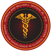 Seal with two snakes wrapped on a pole, with the Patricia and William L. Watson Jr award written around the edge