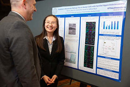 Poster winner Shun Sha explaining project to onlooker