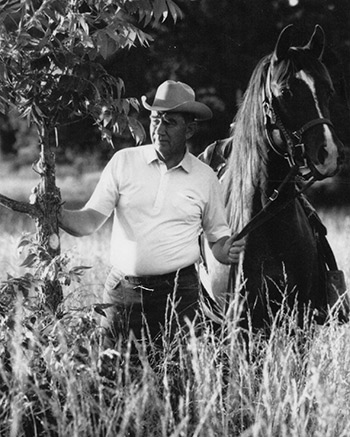 Man with a cowboy hat leading a horse under trees