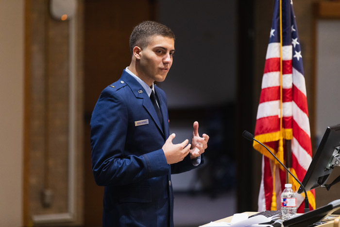 Man in Air Force uniform at podium