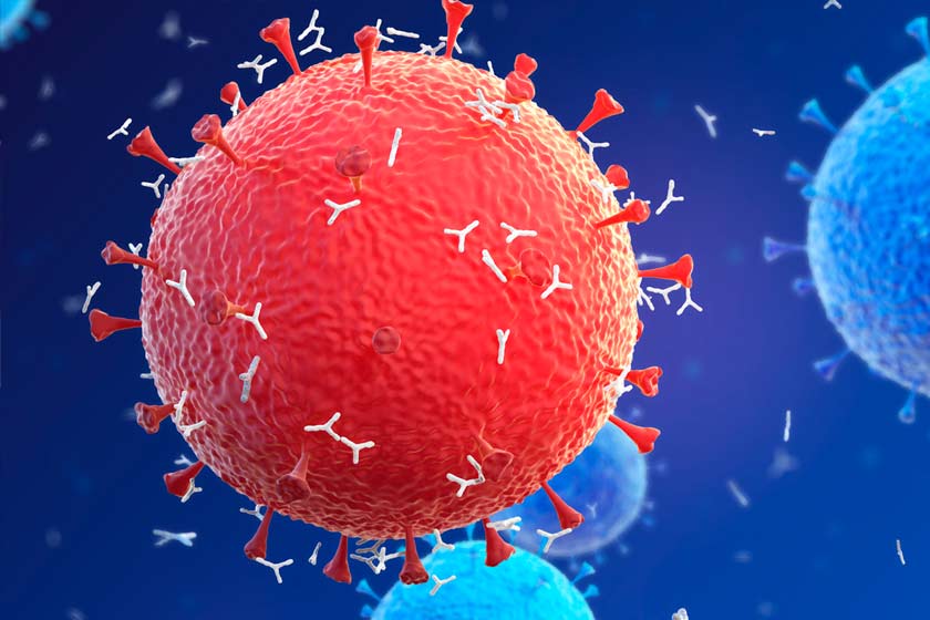 Rendering of virus, large red sphere