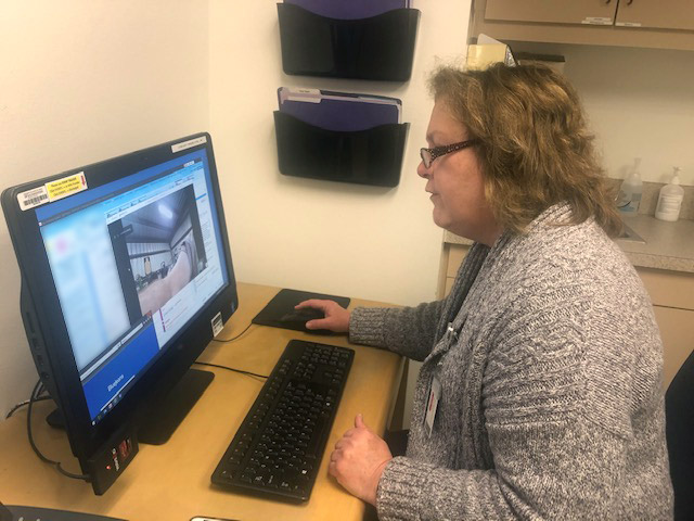 Woman sitting at computer on a video conference