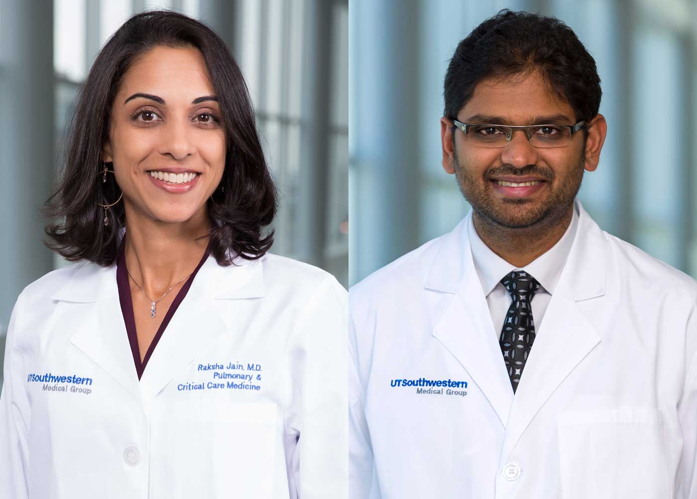 Two people in lab coats, one a woman with shoulder-length dark hair and the other a man with dark hair, stubble